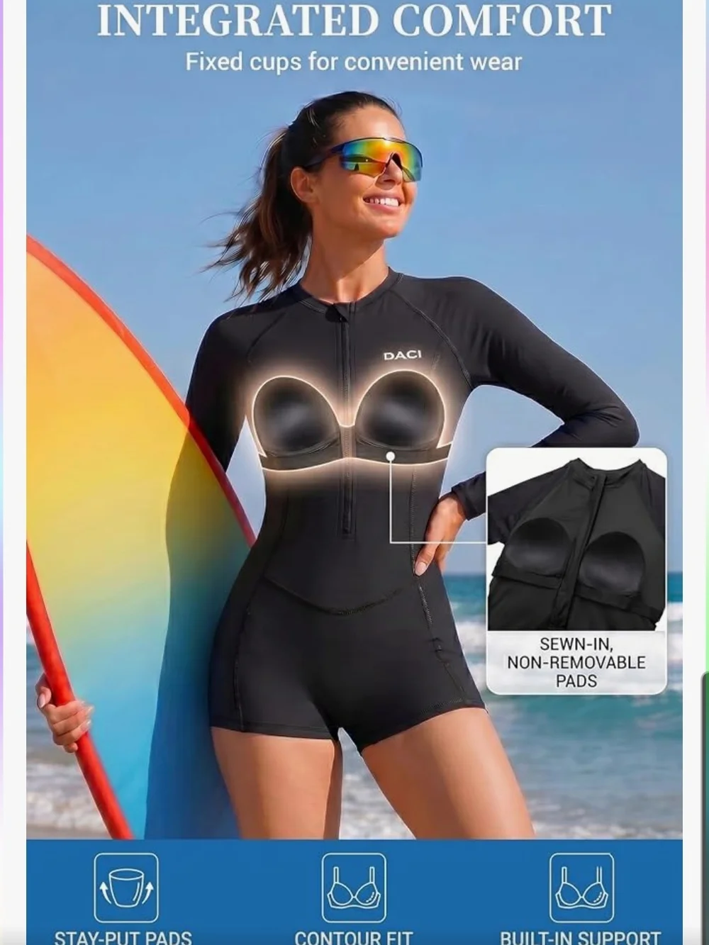 DACI Women's Black Long Sleeve One-Piece Swim Suit with Front Zip Size Sm